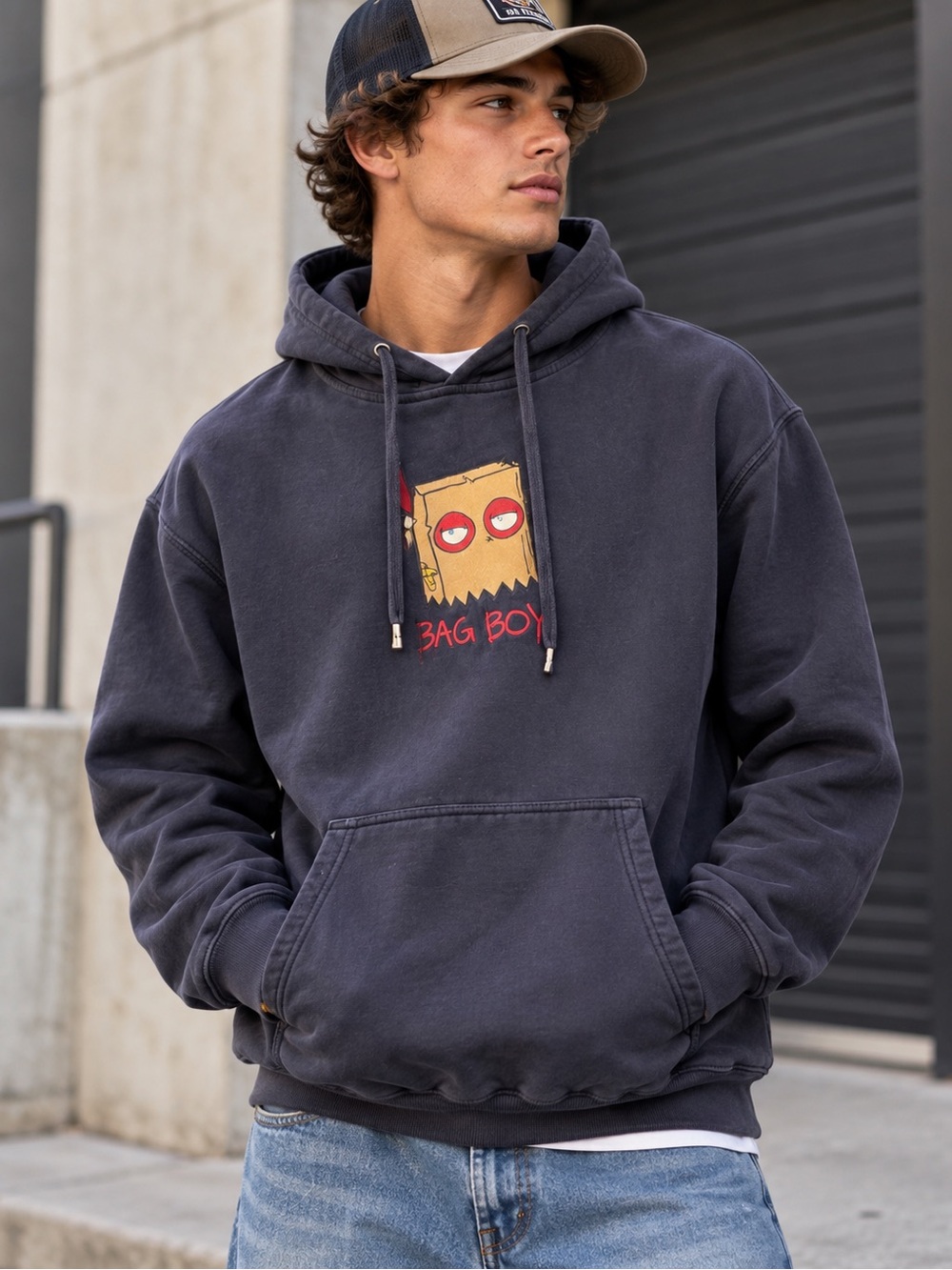 Thryfty Bag Boi Embroidered Hoodie Navy Blue Graphic Pullover Small Streetwear